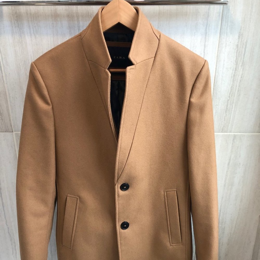 Zara Man Wool Blend Lined Overcoat,  Size Small, Color Tan, 2 button front